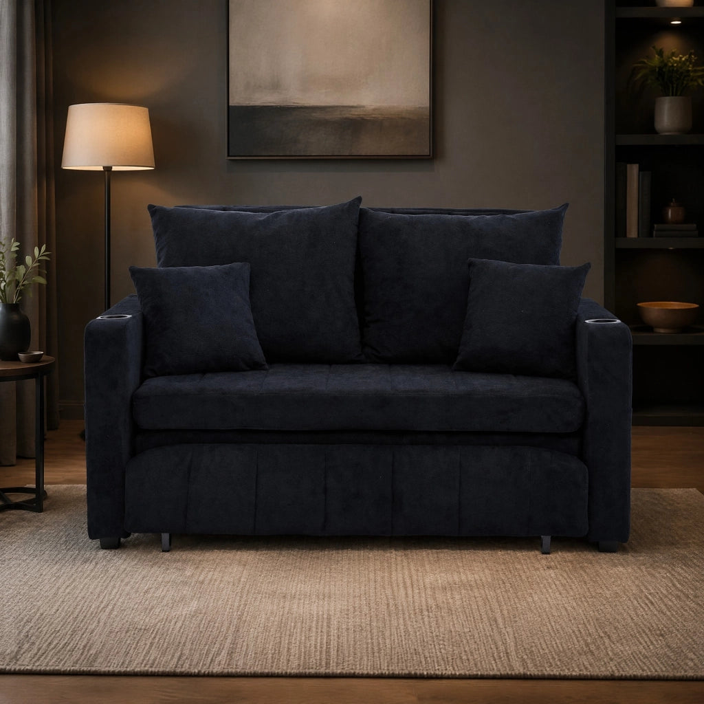 Divano letto in ciniglia nero con tasche laterali; porta bevande; ricarica USB e 4 cuscini 139 × 83 × 58 cm
