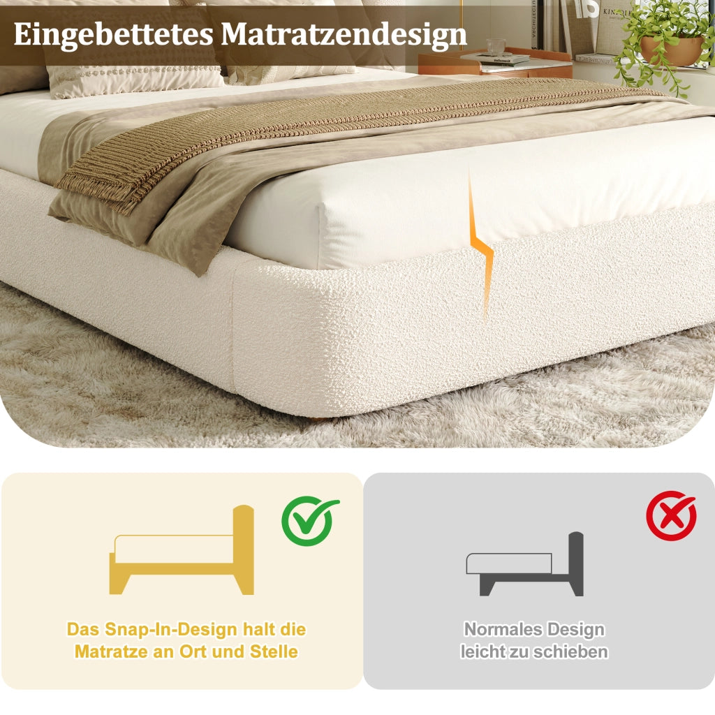 Letto matrimoniale king size 180x200 cm imbottito con testiera e rete a doghe; tessuto bouclé beige