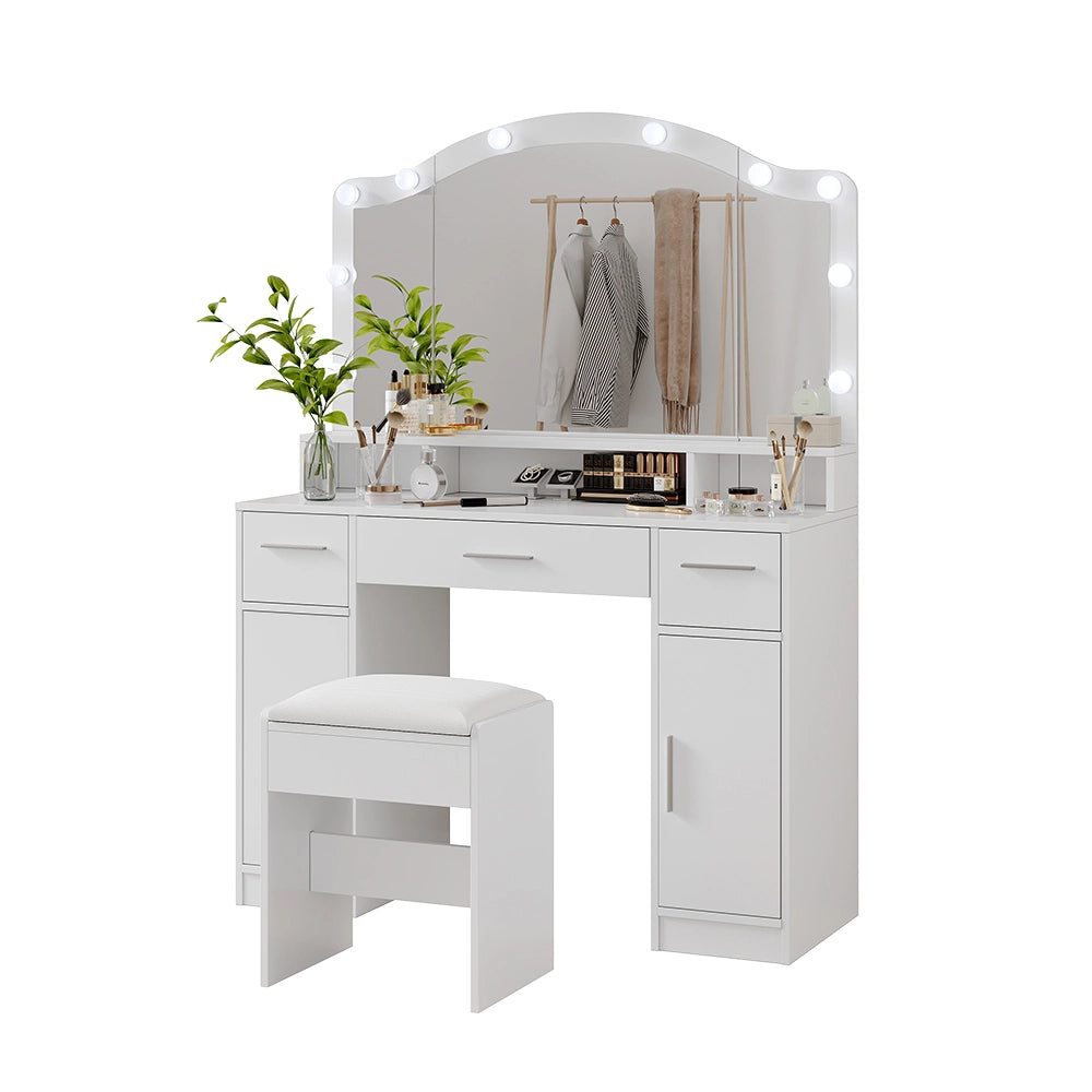 Vicco Tavolo da toilette Bianco 110 cm con specchio LED e sgabello