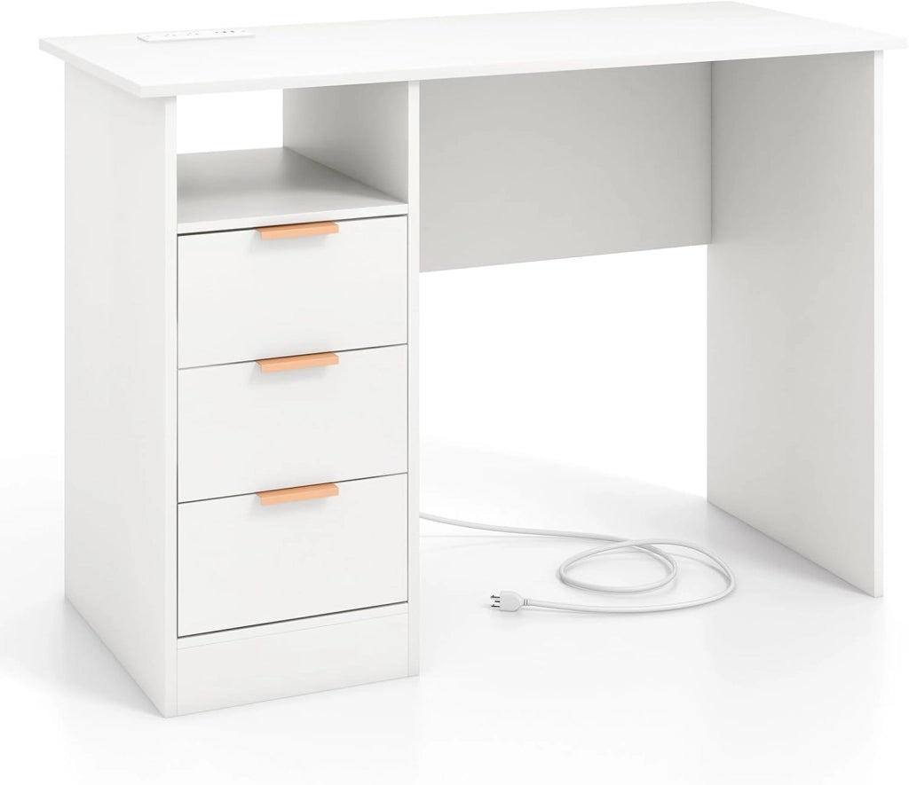 Scrivania per Casa con Presa Elettrica, Scrivania da 105 CM con 3 Cassetti e Scomparto Aperto, Postazione di Lavoro Moderna per Computer con Porte USB e Tipo-C, per Studio o Camera da Letto
