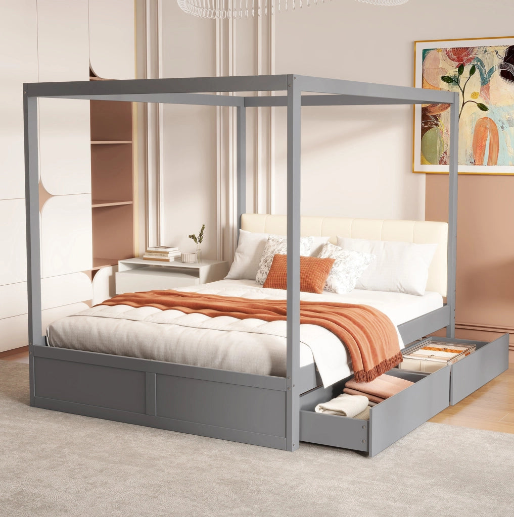 Letto 140x200 cm con 2 cassetti e schienale imbottito in legno