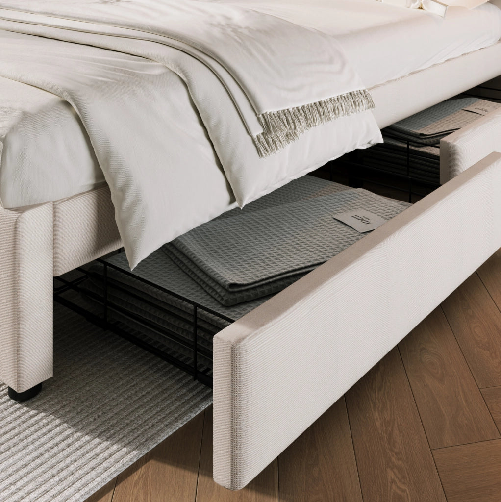 Letto matrimoniale imbottito 160x200 cm in lino beige con 4 cassetti; testiera regolabile e prese USB