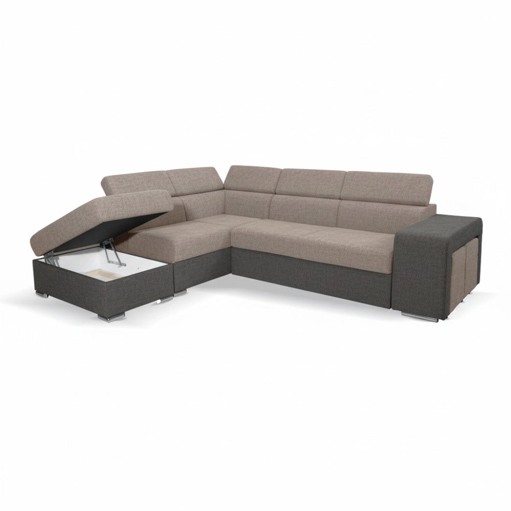 Divano Letto Angolare Sophie con Penisola Sinistra, 2 Pouf Estraibili e Pouf Contenitore – Tortora e Grigio Scuro