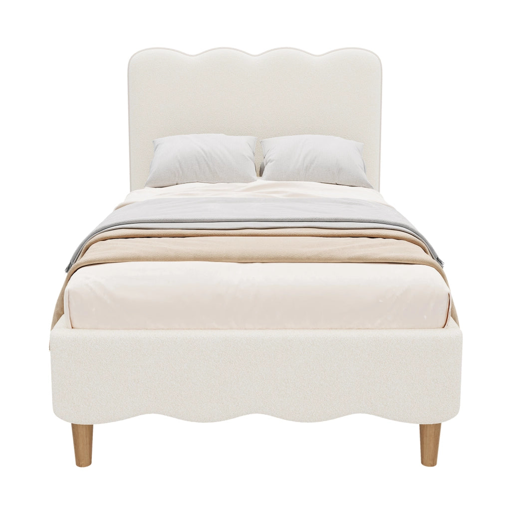 Letto singolo 90x200 cm in bouclé bianco con rete a doghe, testiera imbottita e gambe in legno massello