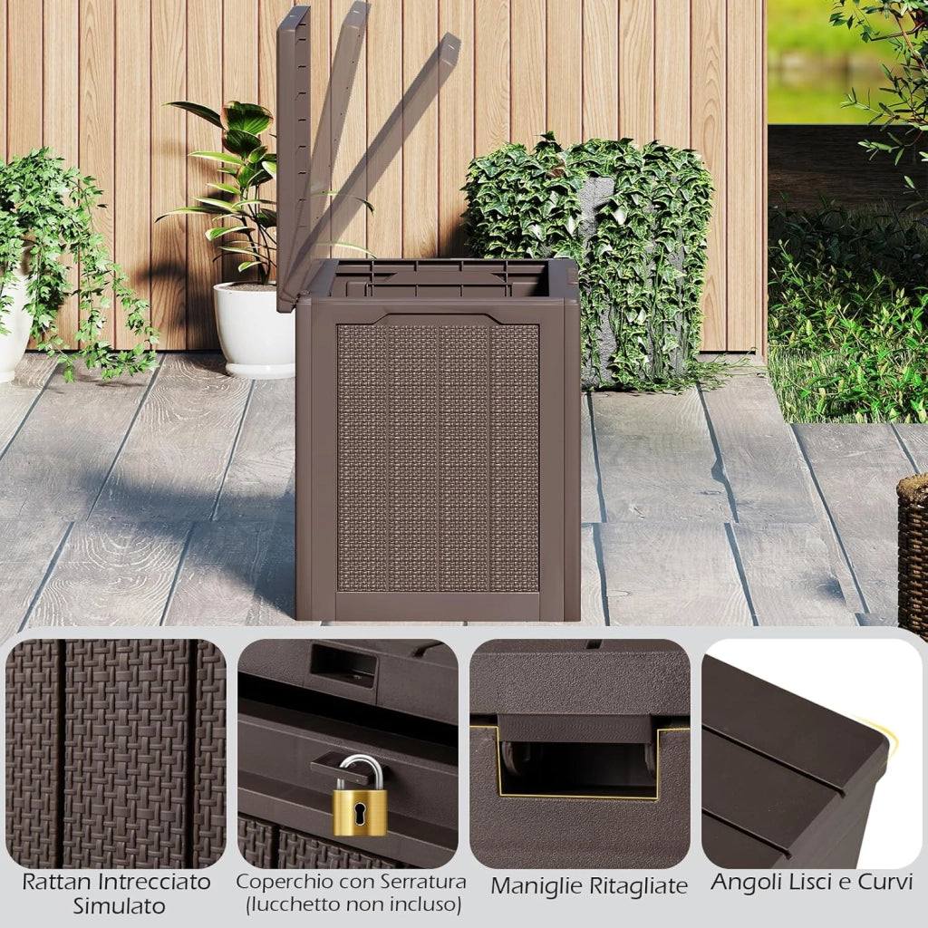 Baule da Esterno 106 L, Cassapanca Contenitore Impermeabile con Coperchio Bloccabile e Maniglie Laterali, per Giardino, Terrazzo e Cortile, 56 x 41 x 50,5 cm (Marrone)