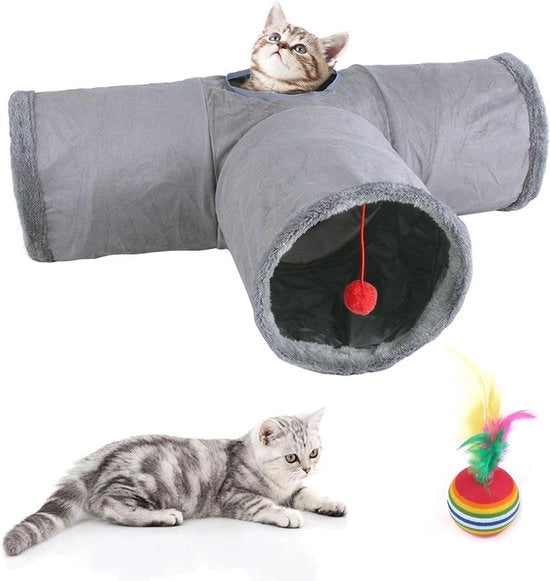 Tunnel a 3 vie pieghevole per gatti, con una palla da gioco e un foro per gatti, conigli e pappagalli - Dimensioni grandi - Grigio