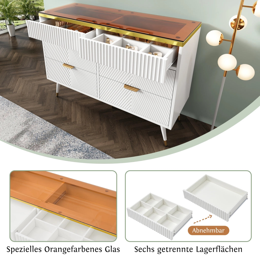 Cassettiera Credenza con 6 Cassetti e Divisori Rimovibili; Apertura Push; Antiribaltamento; in Vetro; 120??40??76 cm; Bianco