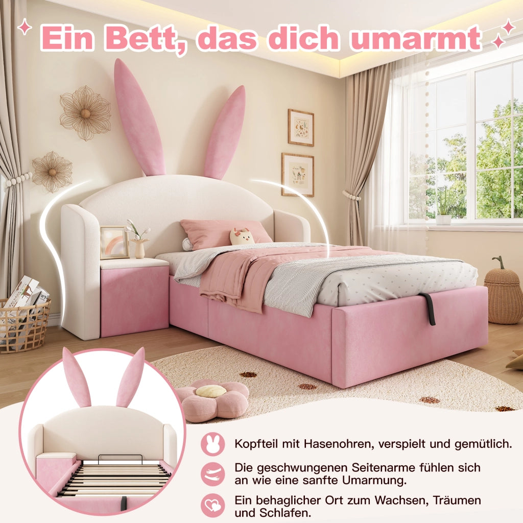 Letto imbottito con vano contenitore 90x190 cm velluto beige-rosa