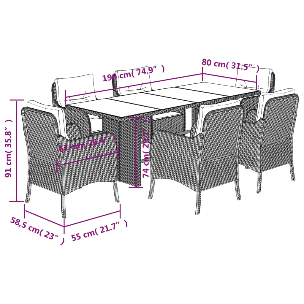 Set da Pranzo da Giardino 7 pz Cuscini Polyrattan Grigio Chiaro 3211890