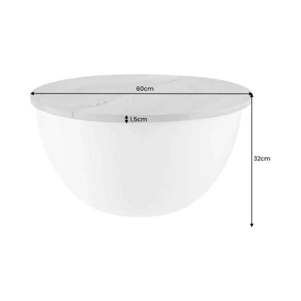 Tavolino basso TRIANE 60 cm con contenitore – Piano in legno di acacia e struttura in metallo bianco martellato