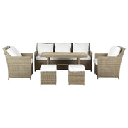 Set Divani Da Giardino Marrone Rattan Bianco Cuscini Divano A 5 Posti Tavolo Rettangolare 2 Poltrone 2 Pouf Set Da Pranzo All'aperto