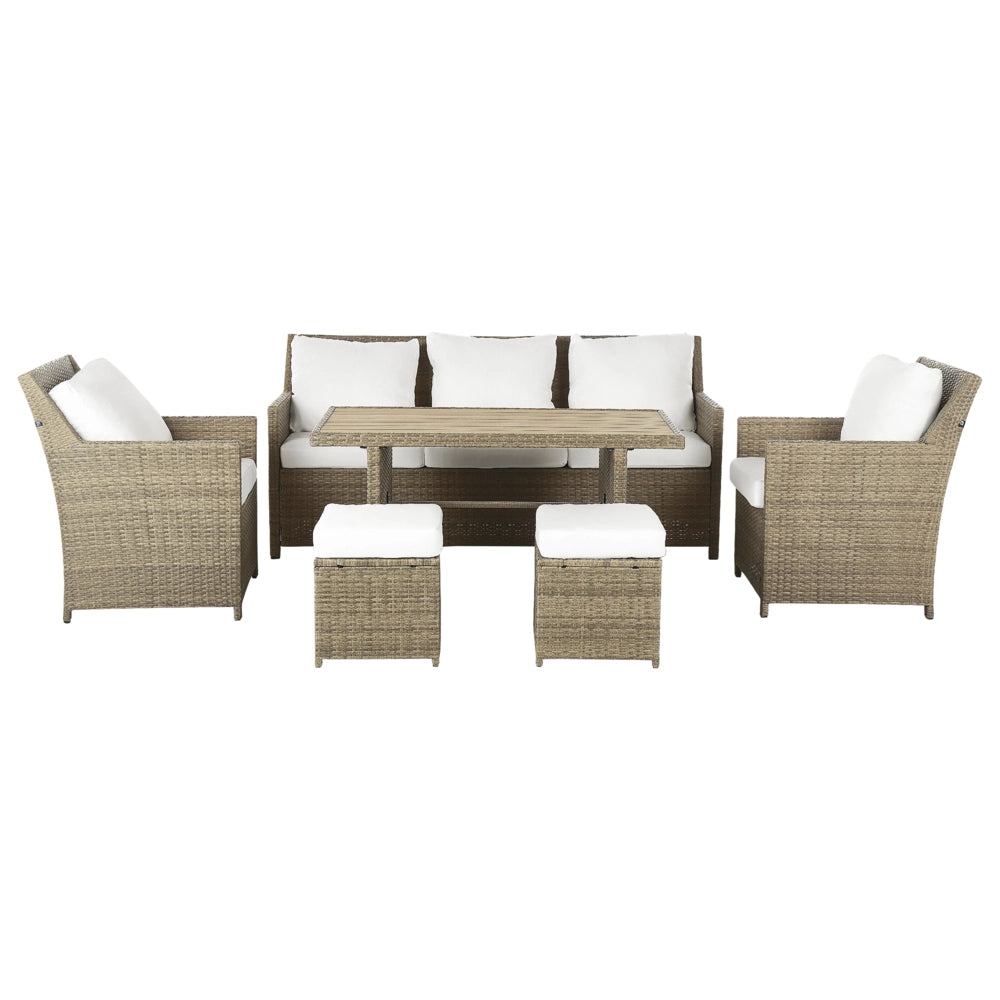 Set Divani Da Giardino Marrone Rattan Bianco Cuscini Divano A 5 Posti Tavolo Rettangolare 2 Poltrone 2 Pouf Set Da Pranzo All'aperto
