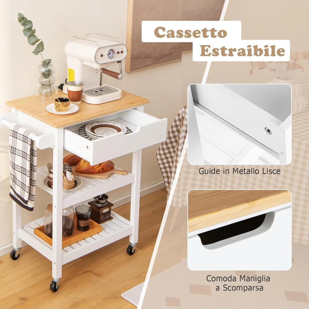 Carrello da Cucina con Ruote e Cassetto, Carrello Portaoggetti in Bambù con 2 Ripiani Aperti e Impugnatura, Carrello Bar da Cucina Sala da Pranzo Soggiorno (Bianco)