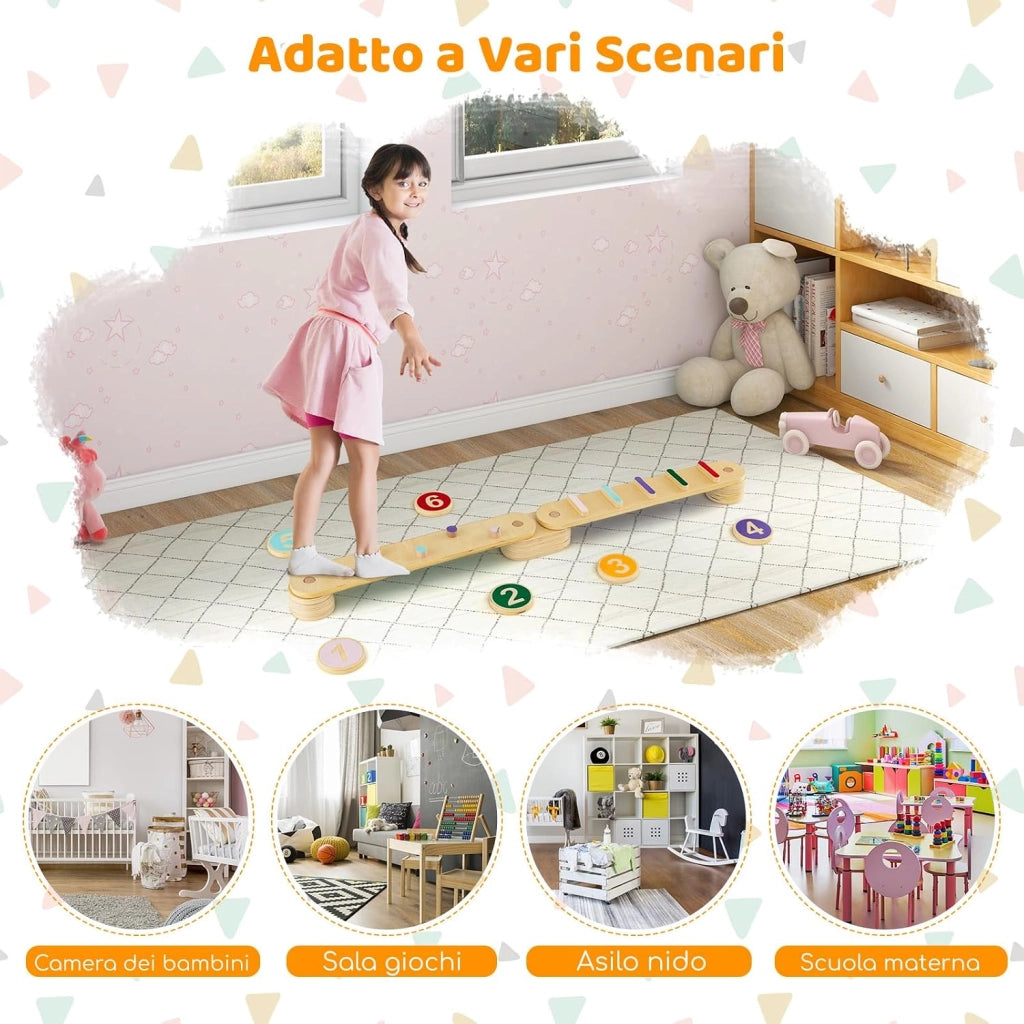 Trave di Equilibrio per Bambini, Giocattoli Montessori in Legno con Pietre di Passaggio, per Allenamento Sensoriale e Bilanciamento per Bambini 1 Anni+
