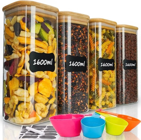Contenitori di Vetro per Magazzino con Coperchio, 4 Pezzi, Contenitori Quadrati con Etichette, Contenitori di Vetro per Caffè, Spezie, Tè, Zucchero (Quadrati)
