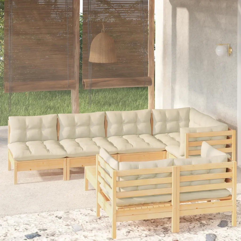 Set Divani da Giardino 8 pz con Cuscini Crema in Massello di Pino 3096496