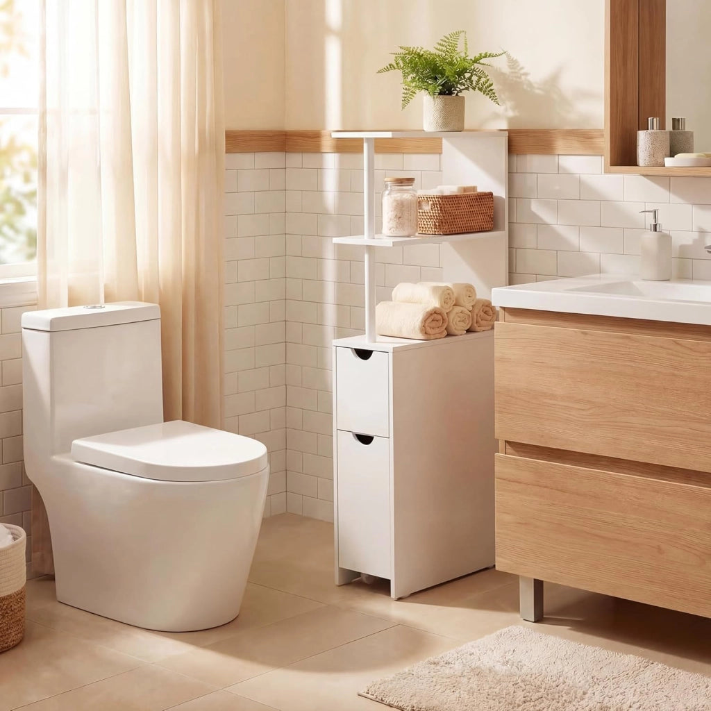 Mobile Alto per Bagno, Armadio da Terra con Ripiani Aperti, Cassetto con Rotelle, Mobile Colonna per WC Salvaspazio per Salotto, Camera e Cucina, 45 × 20 × 114 CM, Bianco