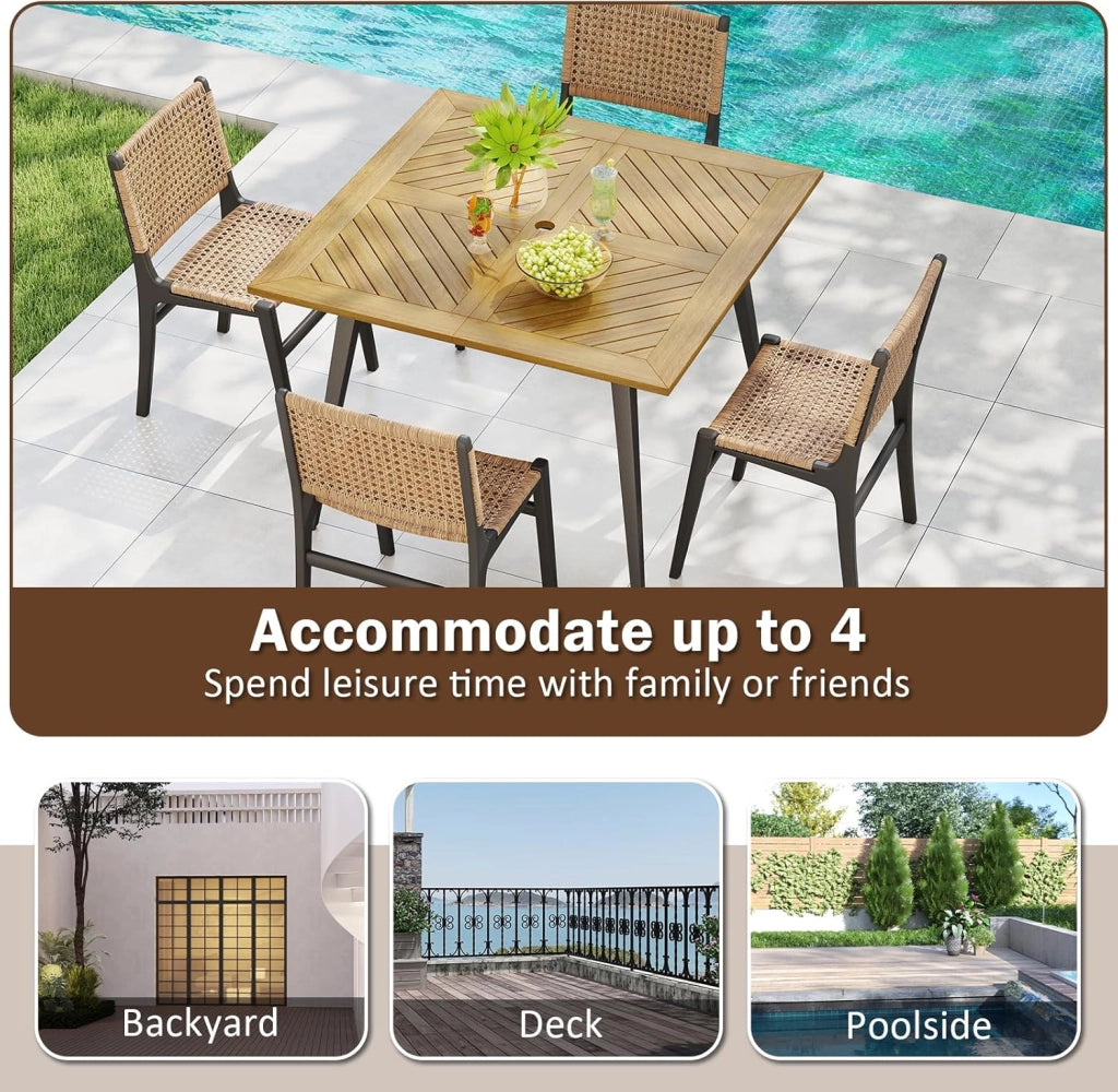 Tavolo da pranzo quadrato per giardino, tavolo in legno di acacia con foro dell'ombrellone da 5 cm e gambe in metallo, 107 x 107 x 75 cm, per balcone, terrazza