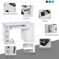 Scrivania per PC Ergonomica con Mensole, Armadietto, Cassetto e Piano Tastiera Estraibile, Bianca, 120x60x74cm