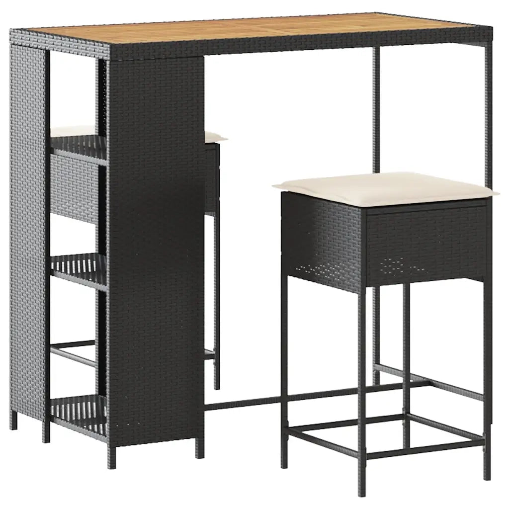 Set Bar da Giardino 3 pz | Set Salotto da Giardino con Cuscini in Polyrattan Nero