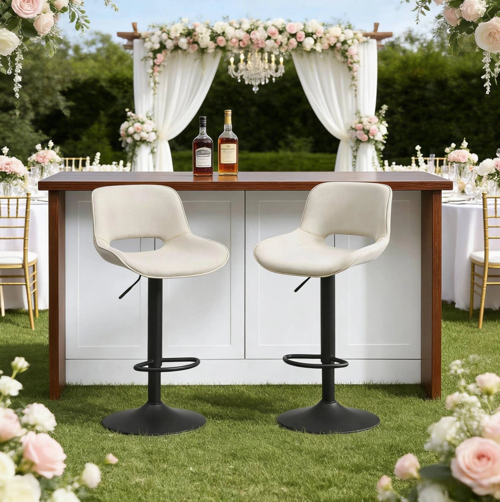 Set di 2 sgabelli da bar beige in lino con schienale girevoli e altezza regolabile 58-80 cm
