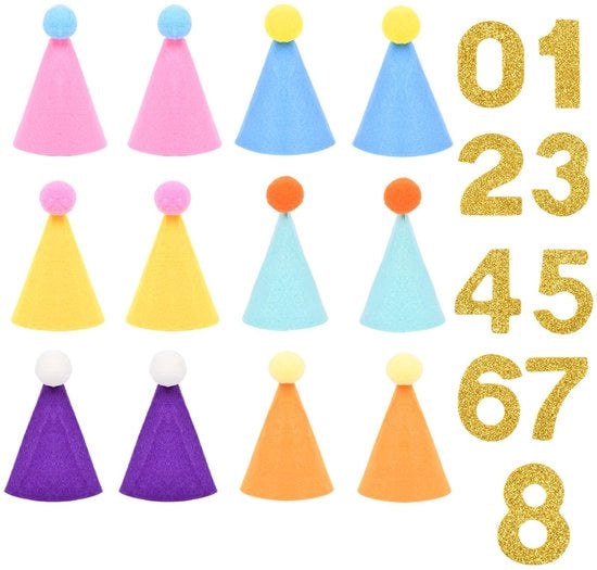 Set di cappelli per festa per bambini 12 pezzi - Articoli per feste - Decorazioni per compleanni - Cappelli da keg - Etichette per numeri d'oro - Adorabili per animali da abbracciare - Cappellini per festa