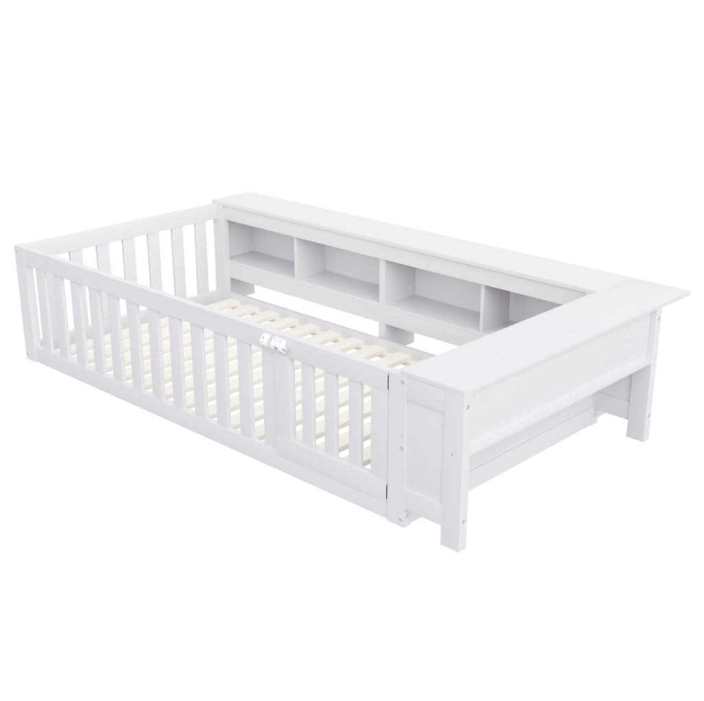 Letto per bambini 90x200 cm con contenitori e sponde di sicurezza; bianco