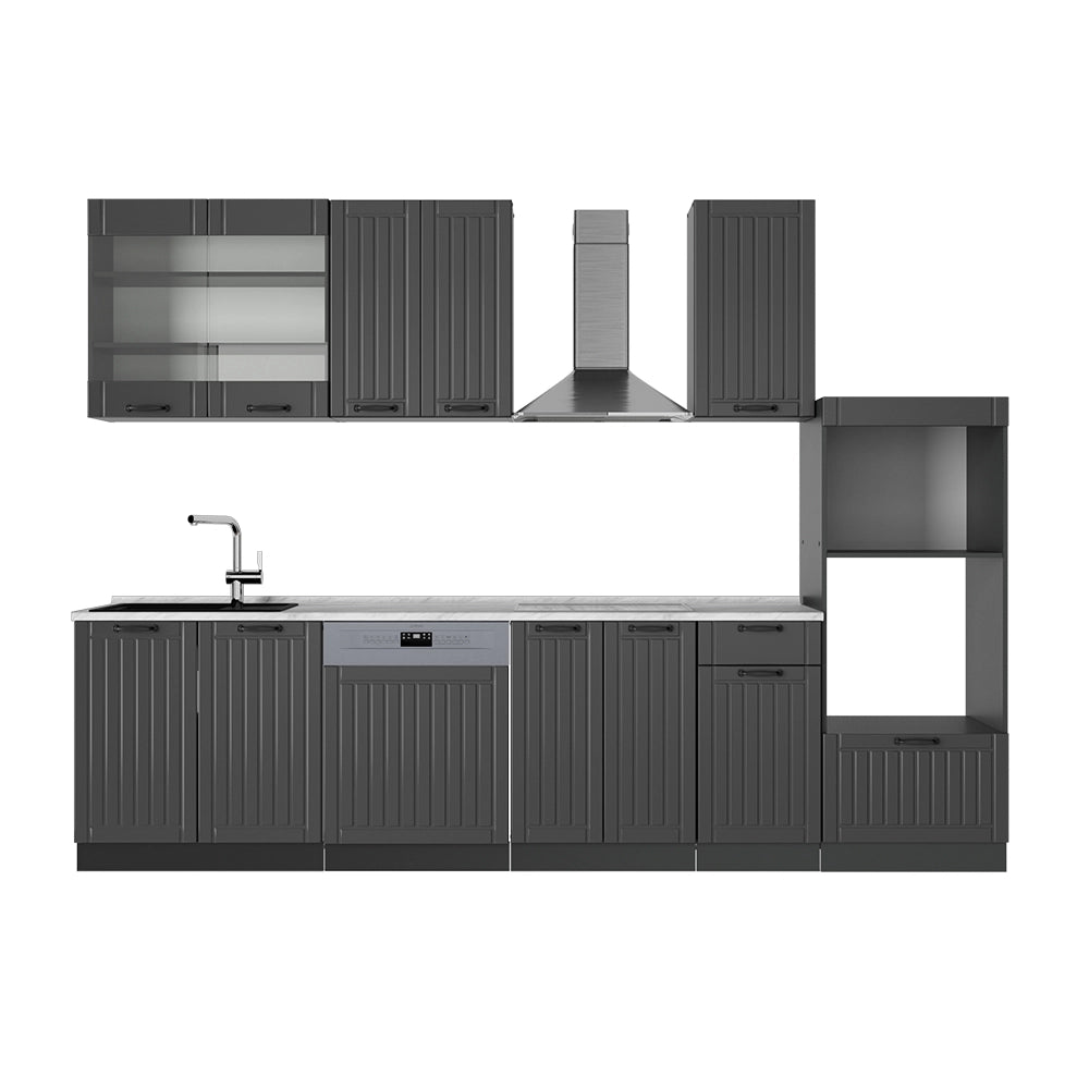 Cucina componibile Fame-Line Grigio scuro/Antracite 300 cm con armadio alto, PL Marmo Vicco