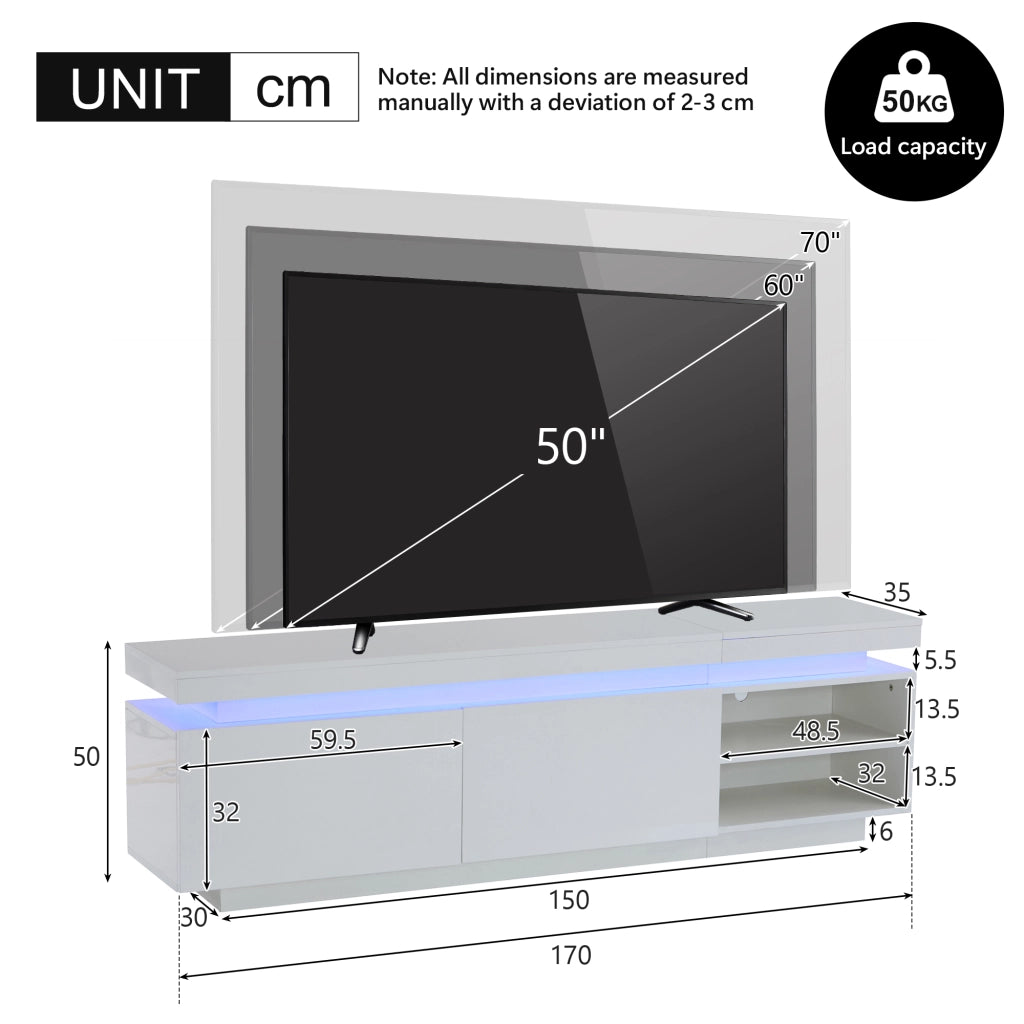 Mobile TV moderno con LED e vani contenitore; 170x35x50 cm; bianco lucido