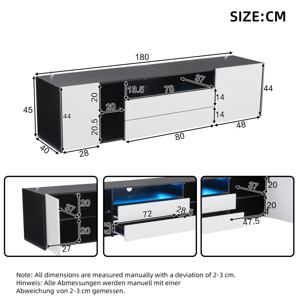 OKWISH Mobile TV con 2 Ante, 2 Cassetti e 1 Vano, LED, Frontale Lucido, per Soggiorno, 180 x 40 x 45 cm, Bianco e Nero