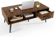 Tavolino da Salotto Rettangolare Design Moderno, Tavolino da Caffè con Cassetto e Mensola Inferiore, Tavolino Basso da Divano con Gambe in Metallo per Soggiorno, 109 x 55 x 42 cm (Marrone)