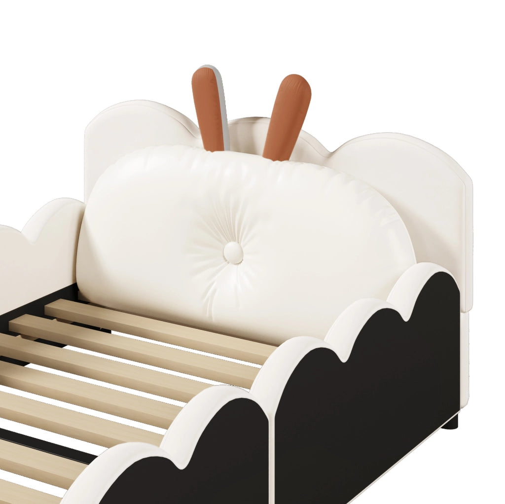 Letto a piattaforma imbottito 90x200 cm beige con testiera a forma di coniglietto e sponde protettive