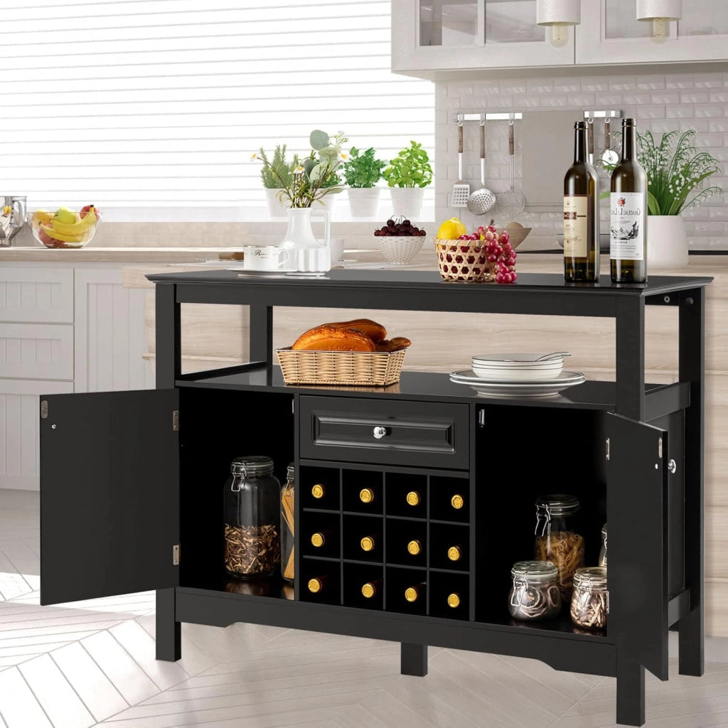 Tavolo Portabottiglie, 2 Ripiani, 12 Bottiglie, Cantinetta con 1 Cassetto e 2 Ante, Portabottiglie per Conservare ed Esporre il Vino, 116x40x82cm, 3 Colori (nero)
