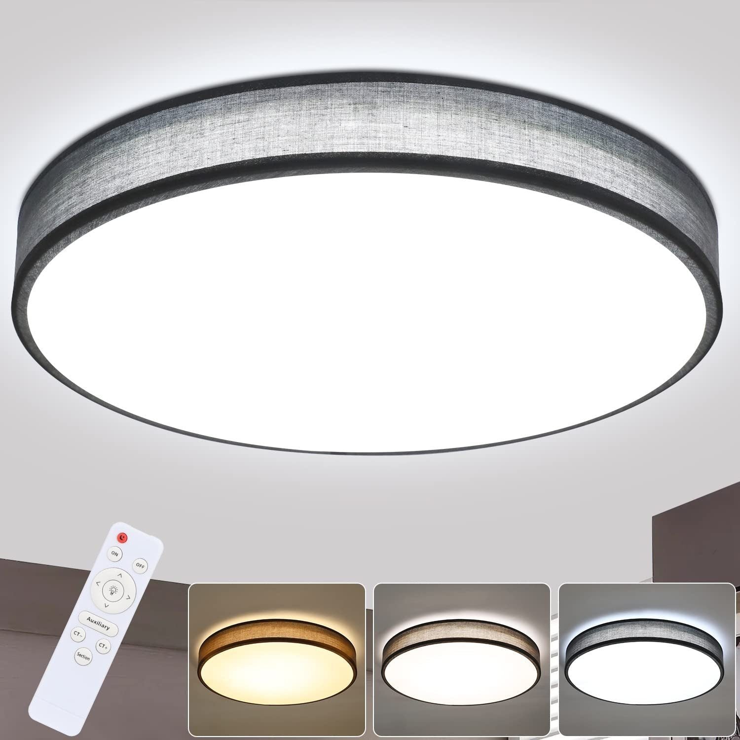 ZMH Lampada da soffitto LED 38cm paralume tessuto rotondo 38W per camera letto