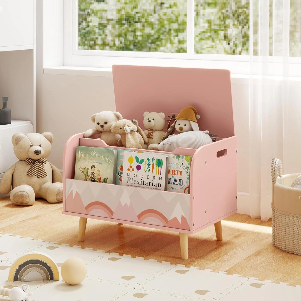Cassapanca Portaoggetti per Bambini, con Libreria, Organizer per Giocattoli con 4 Gambe in Legno Massello e Coperchio Ribaltabile, per Sala Giochi e Asilo, 60x40x43 cm (Rosa)