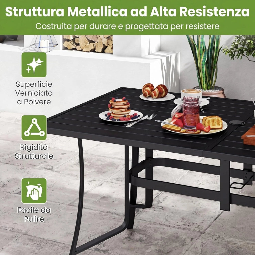 Tavolo da Giardino a 6 Posti in Metallo, Tavolo Esterno con Fori di Ombrellone, 160 x 84 x 73 cm, per Balcone, Terrazzo, Campeggio, Pranzo, Rettangolare, Resistente, Portata 150 kg