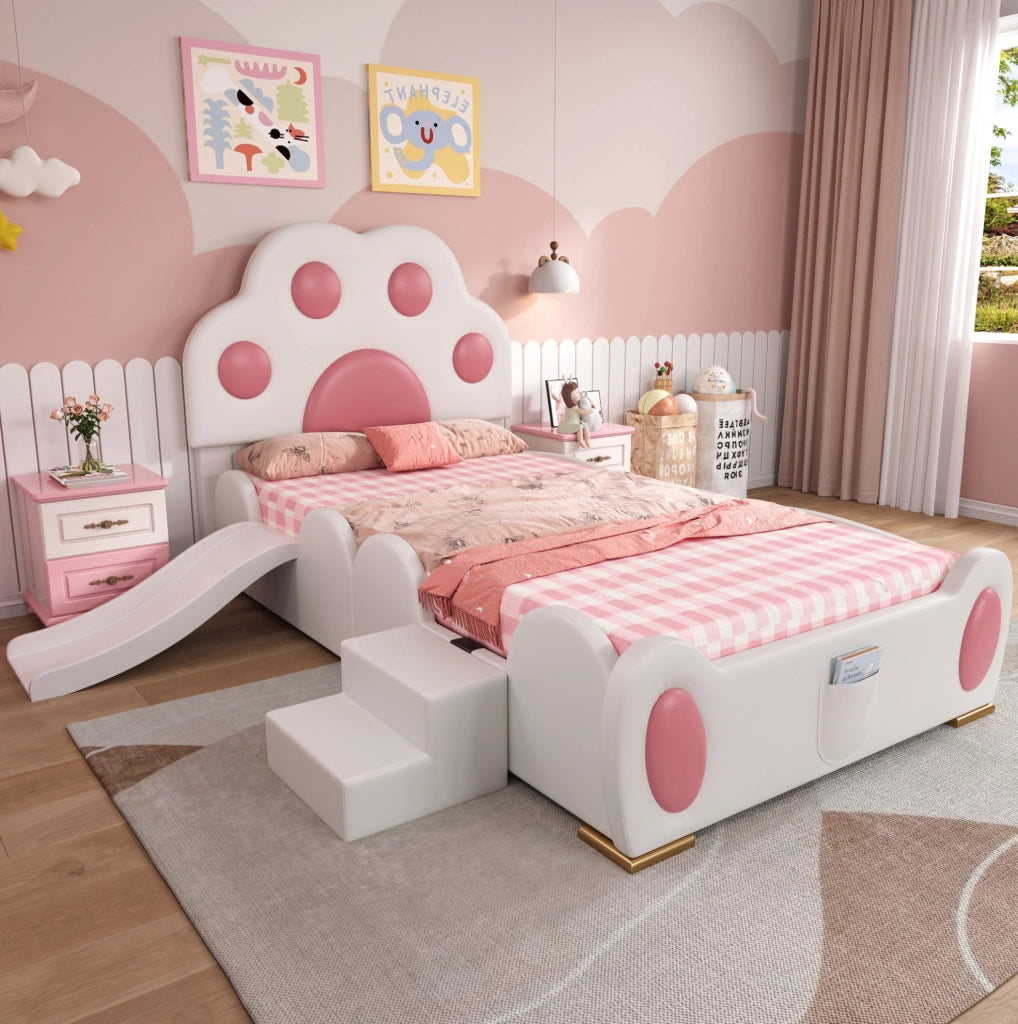 Letto singolo imbottito per bambini con scivolo e scala; 90x200 cm; PU rosa e bianco