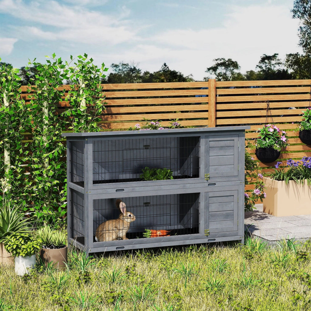 Gabbia per conigli in legno a 2 piani ¨C zephmum ¨C grigio 136x50x93 cm
