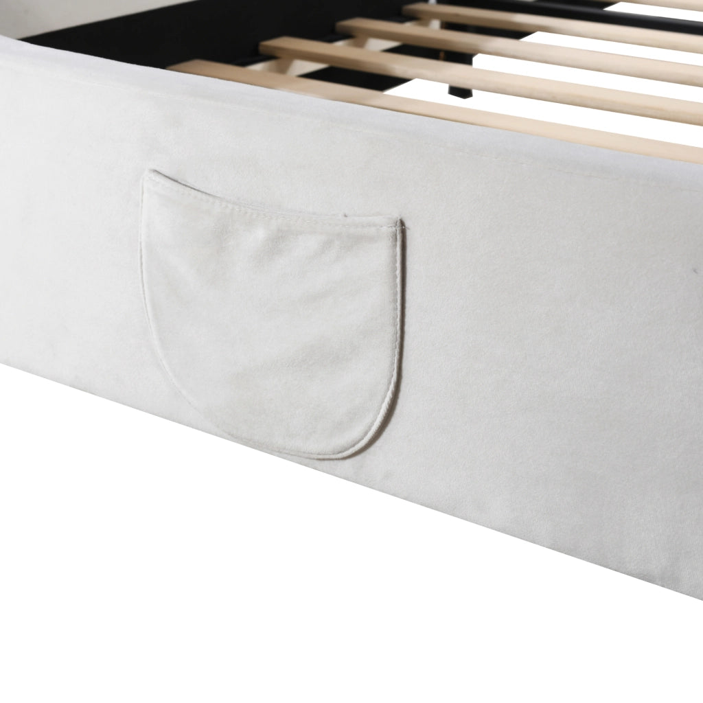 Letto per Bambini 90×200 cm; Letto Singolo Imbottito a Forma di Orso; senza Materasso; Velluto; Bianco