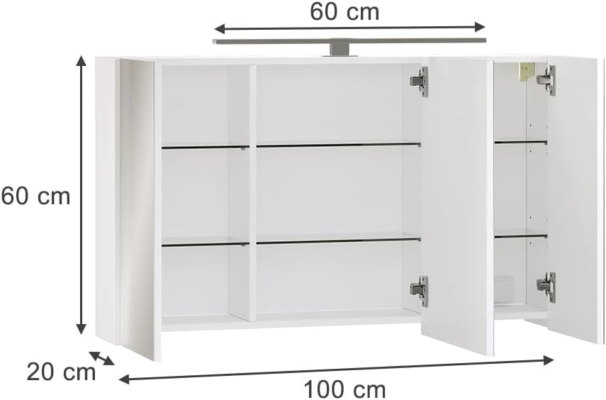 Mobile a specchio per il bagno Lavio, Bianco, 100 x 60 cm con 3 porte e illuminazione a LED, con ripiano integrato e illuminazione a LED