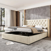 Letto matrimoniale imbottito Chesterfield in velluto beige 180x200 cm con rete a doghe e contenitore