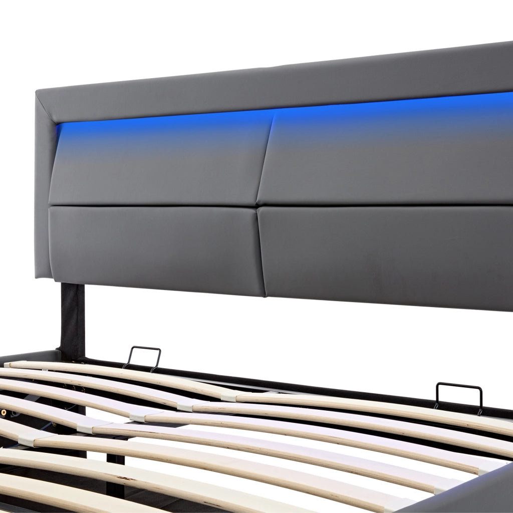 Letto imbottito 140x190 cm con USB; ricarica wireless; LED e contenitore; PU grigio