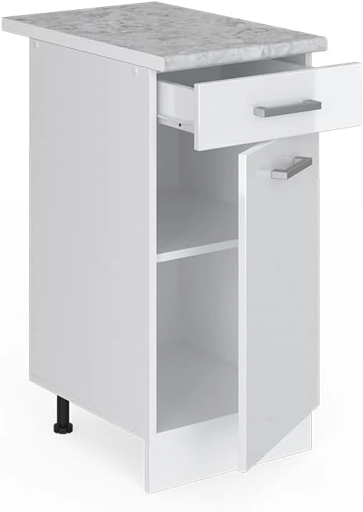 Mobiletto base per cucina R-Line, Bianco lucido, 40 cm, PL Marmo, per la libera combinazione all'interno di sistemi cucina modulari