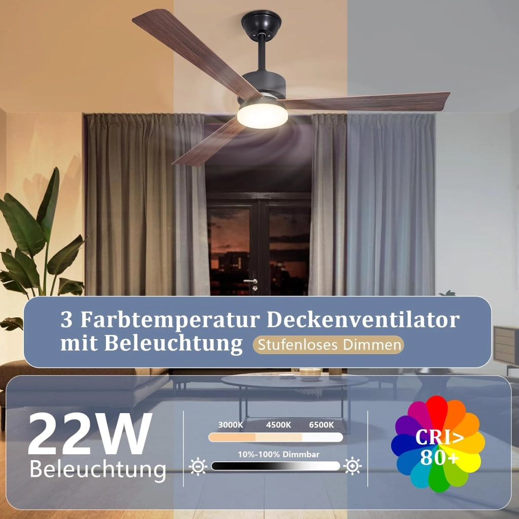 ZMH Ventilatore da soffitto silenzioso a 3 pale con luce regolabile e telecomando per sala da pranzo e camera da letto