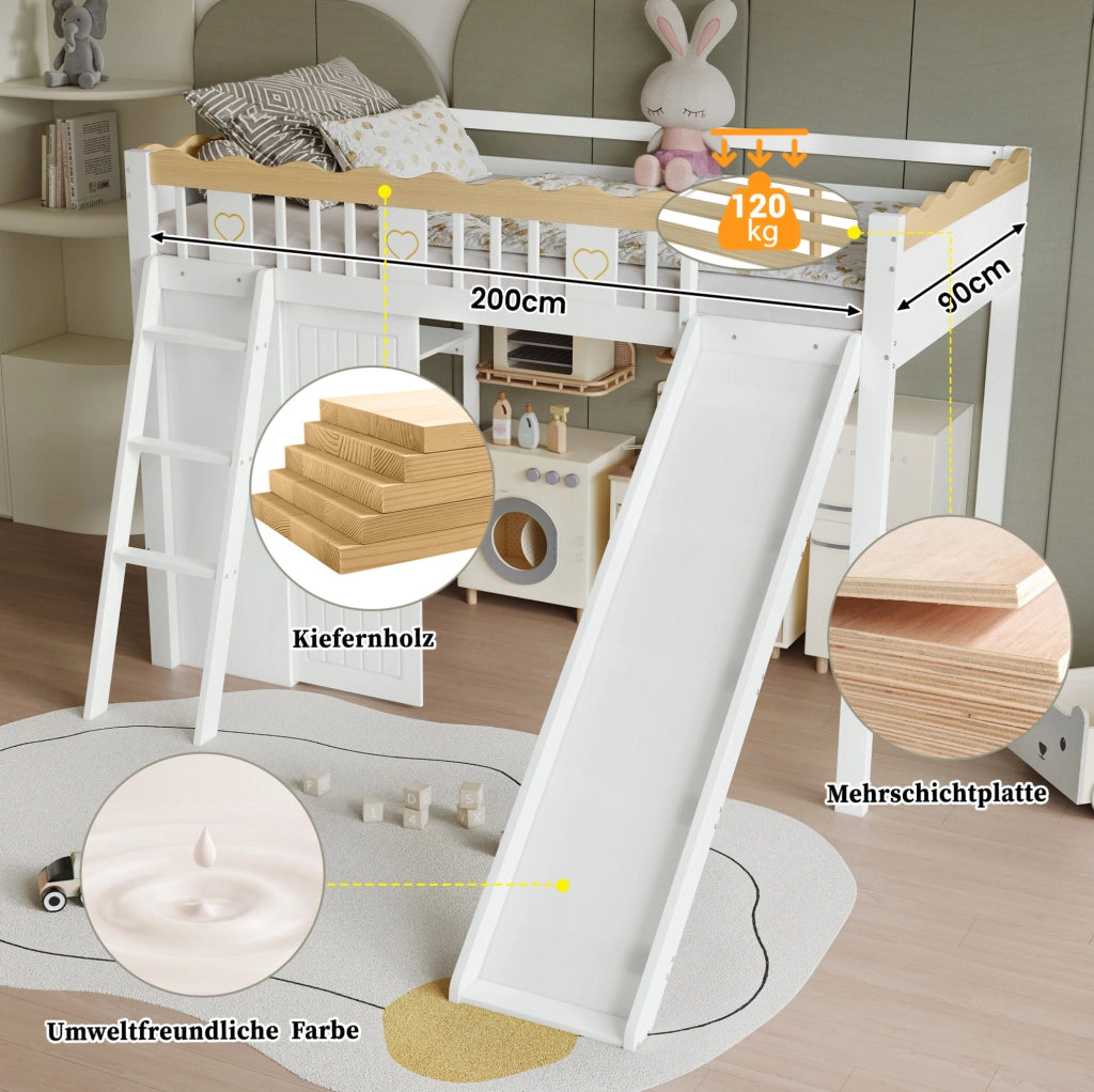 Letto a soppalco bambini 90x200 cm con scivolo e armadi