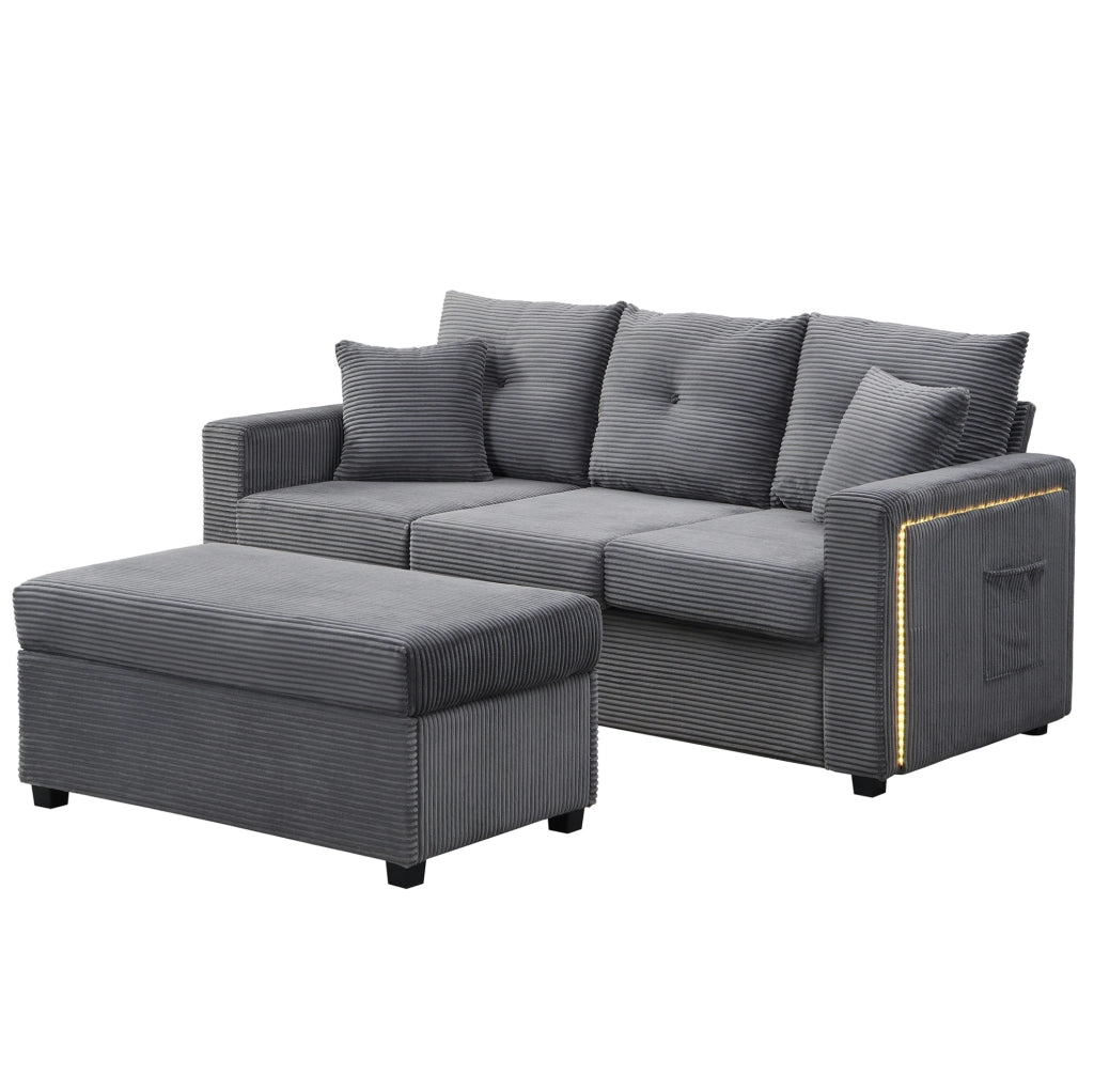 Divano angolare modulare a L con pouf; LED controllate da app; rivestimento in corduroy grigio antico