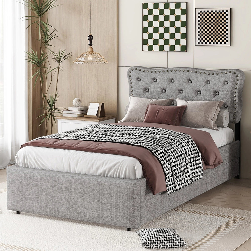 Letto imbottito per adulti 90x200 cm - Xylo - Grigio con testiera rivettata e cassetti