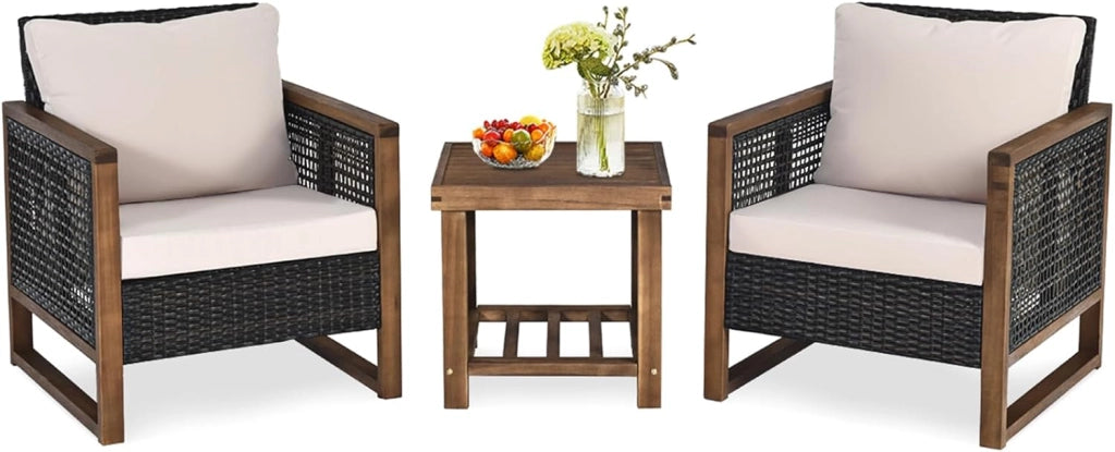 Set di 3 Pezzi di Mobili da Patio, 1 Tavolino in Legno di Acacia e 2 Sedie in Rattan PE, con Cuscini Lavabili, Set di Divani per Giardino Cortile Piscina Portico