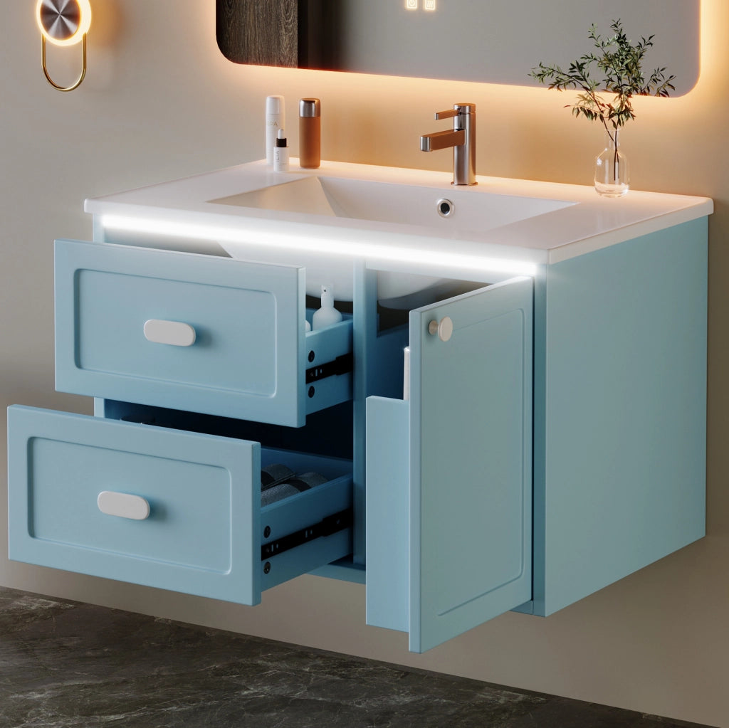 Mobile bagno sospeso 76x46x51 cm con illuminazione LED a sensore; lavabo integrato in ceramica; MDF blu