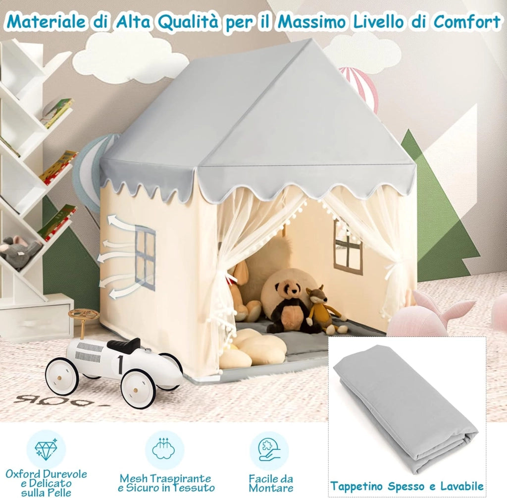 Tenda da Gioco per Bambini, Casetta per Bambini con Struttura in Solido Legno, Tappetino di Cotone, Tenda a Rete e Finestre, 105x120x140 cm (Grigio e Beige)